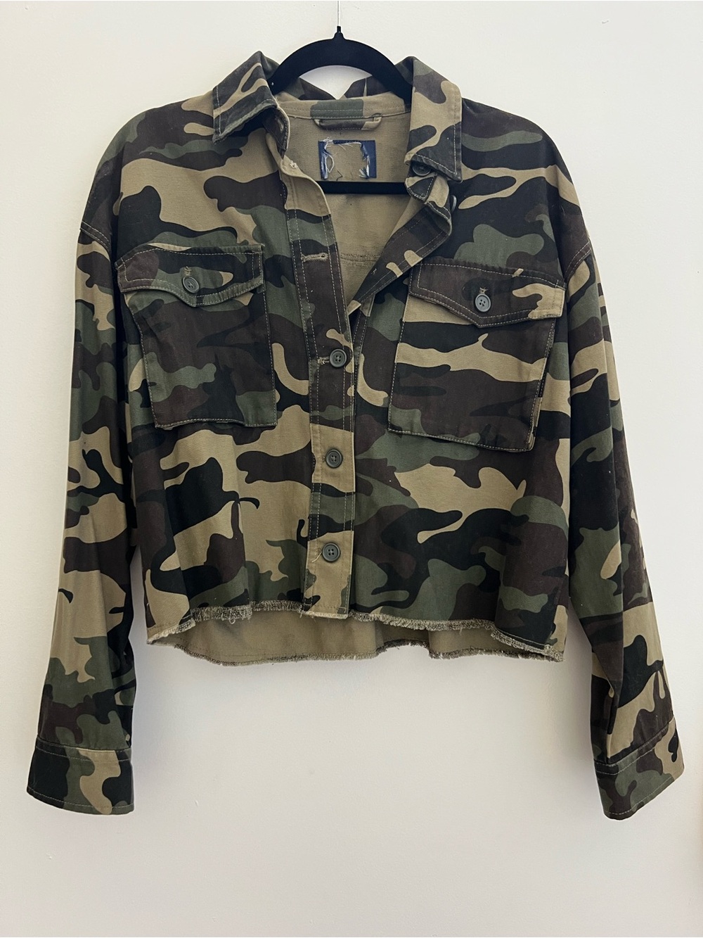 Camo Cropped Utility Jacket Raw Hem